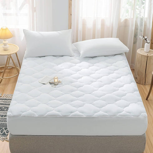 WhatsBedding Waterproof Mattress Pad, Full Size Cotton Top with Down Alternative Filling, Fitted Quilted White Mattress