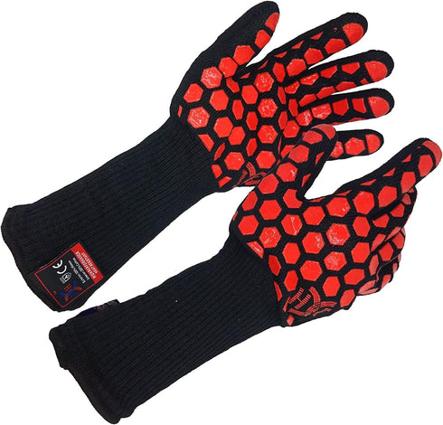 J H Heat Resistant Oven Glove: EN407 Certified 932 °F, Silicone Coating, Oven Mitts for Cooking, Grilling, Camping