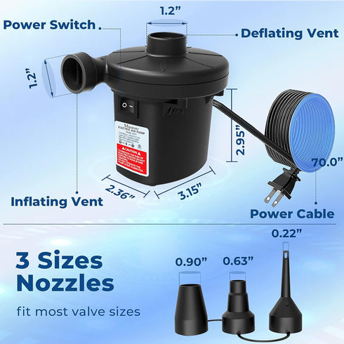 3 Nozzles, 110V-120V Quick-Fill Electric Air Pump with AC Portable Inflator Deflator for Inflatables Pool Float Toys