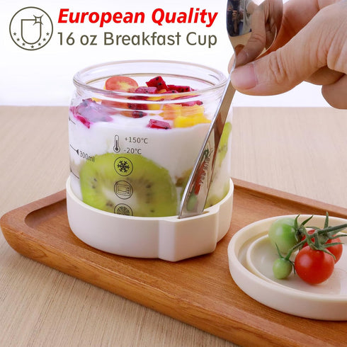 Matifaner 16 oz Round Breakfast Glass Cup with Silicone Seal Cover and Spoon, Glass Dessert Cup with Lid for Breakfast