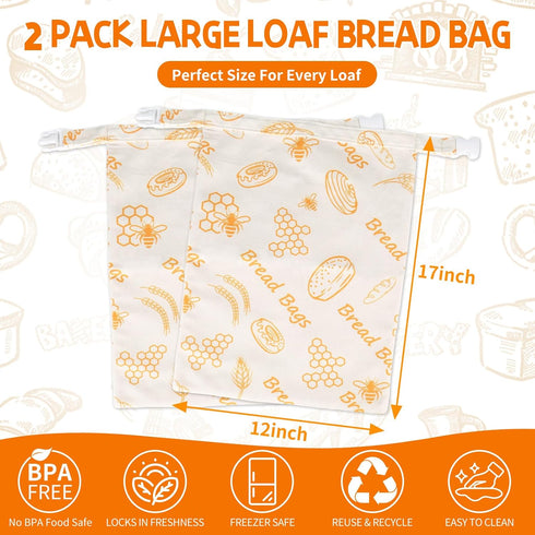 LuxDuo 2-Pack 17"12" Reusable Bread Bags for Homemade Bread,Beeswax Bread Bags for Sourdough,Bread Bag Reusable,Cotton