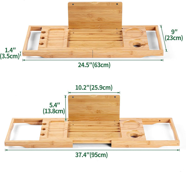 Utoplike Bamboo Bathtub Caddy Tray, Adjustable Bathroom Organizer with Book Tablet Wine Glass Cup Holder (24.5"-37.4")