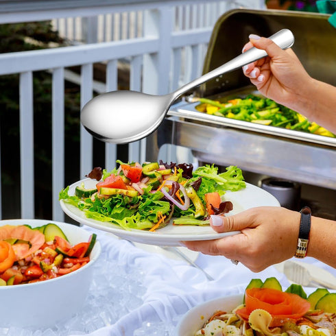 Large Stainless Steel Serving Utensils Set - 10" Spoons, 10" Slotted Spoons, 9" Tongs by Teivio (Silver, Set of 12)