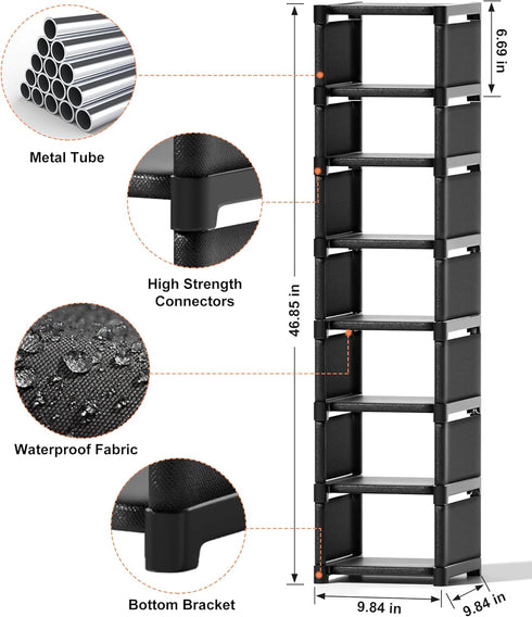 8 Closet Narrow Shoe Rack Tier, Slim Vertical Shoe Organizer for Small Spaces, Stackable Shoe Storage Shelf with Metal