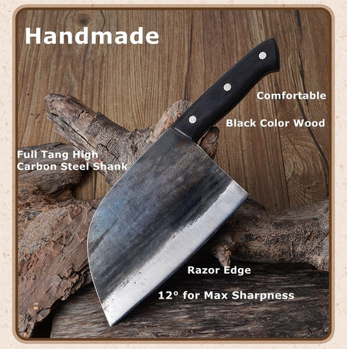 Dream Reach Forging Serbian Chef Knife - Full Tang High Carbon Clad Steel Almasi Butcher Cleaver with Leather Sheath
