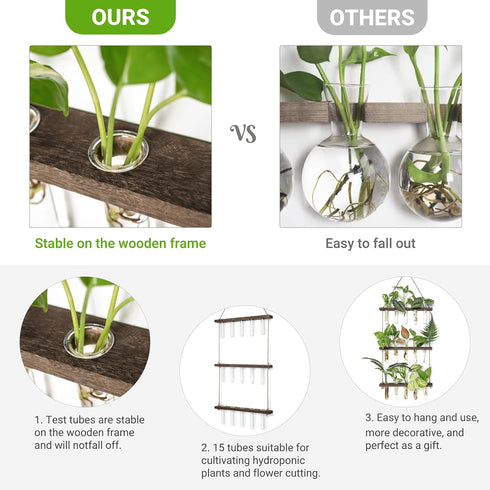 3 21 Mkono Plant Propagation Tubes, Tiered Wall Hanging Terrarium with Wooden Stand & Test Tube Vases for Hydroponic