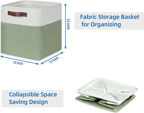 Temary Cube Storage Baskets 12 Inch, 4-Pack Fabric Storage Bins for Organizing Clothes, White & Green