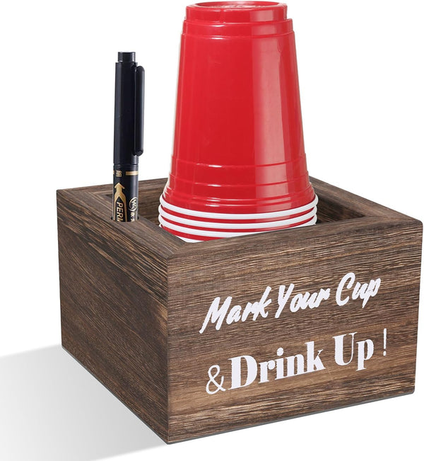 Wooden Cup Holder, Rustic Party Cup Holder with Marker Slot for Bar, Kitchen, Countertop, Home & Office
