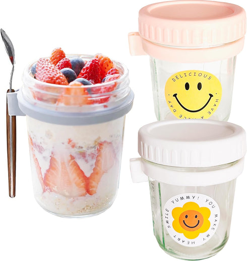 Melanaille 2 Pack Overnight Oats Containers with Lids and Spoons,16 oz Glass Mason