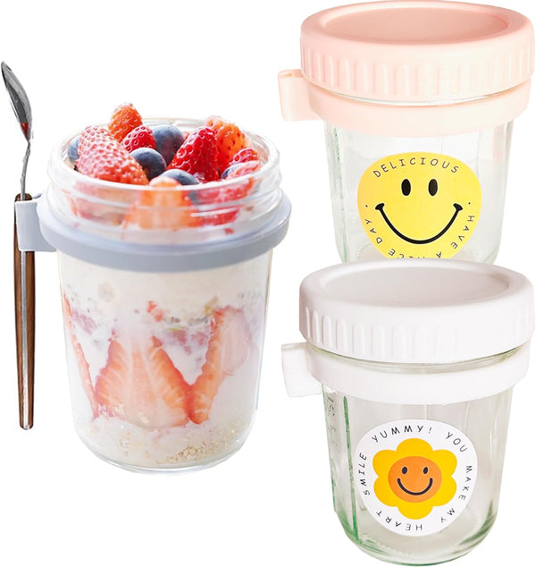 Melanaille 2 Pack Overnight Oats Containers with Lids and Spoons,16 oz Glass Mason