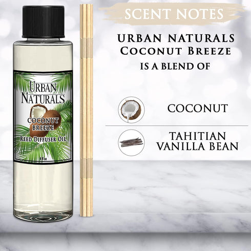 Urban Naturals Coconut Breeze Scented Oil Reed Diffuser Refill, Includes Free Reed Sticks, 4 oz, Made in The USA