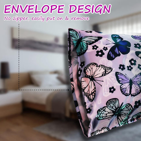 Silk Satin Pillowcase for Hair and Skin, Soft Standard Size Pack of 2, Wrinkle and Fade-Resistant, Purple Butterflies
