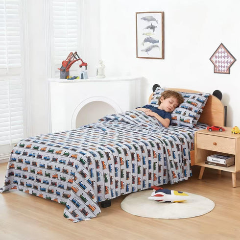 4 Set Sets- Viviland Pieces Boys Grey Full Sheet - Soft Microfiber Fitted Flat Sheets & Pillowcases - Retro Train Print