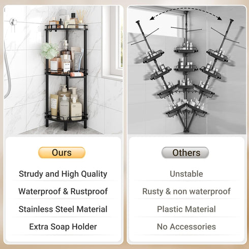 3 2 ELYKEN Corner Shower Caddy Standing, Tier Rustproof Metal Shower Organizer with Soap Holder, Floor Shower Corner