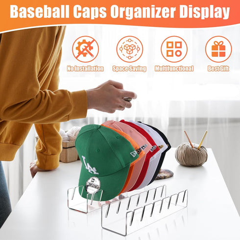 Baseball Caps Hat Stand Organizer, 2 Pcs No Install Acrylic Racks for 14 Caps, Display for Bedroom, Closet, Office