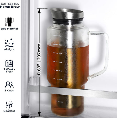 68oz Aquach Cold Brew Coffee Tea Maker, Glass Pitcher & Stainless Steel Filter, Dishwasher Safe Iced Coffee Tea Maker