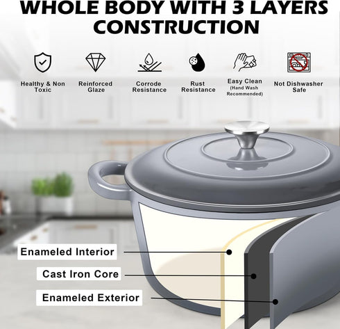 6QT Simmer TeamFar Enameled Cast Iron Dutch Oven, Nonstick Dutch Oven Pot with Lid & Dual Handles for Bread Baking