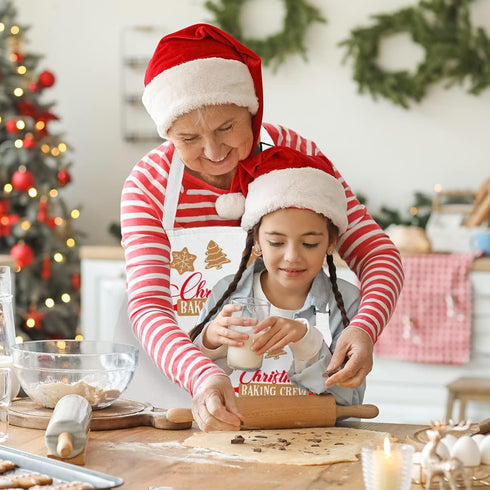 2 Pack Christmas Matching Aprons for Kids and Adults, Christmas Baking Crew, White Kitchen Aprons with 2 Pockets for