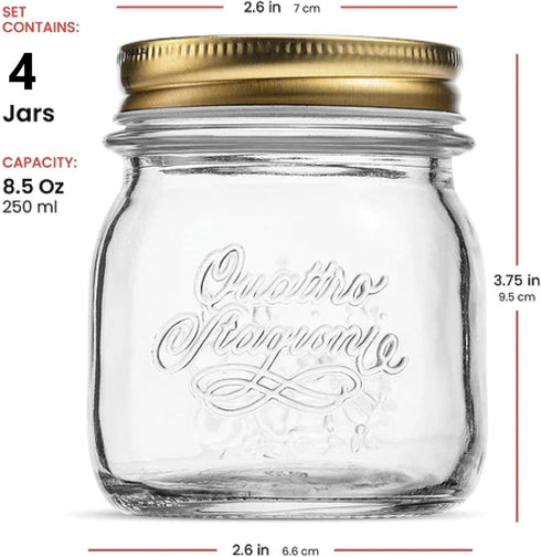 Bormioli Rocco Quattro Stagioni Set of 4 Clear Airtight Mason Jars, 8.5 Oz, Made from BPA Free Durable Glass