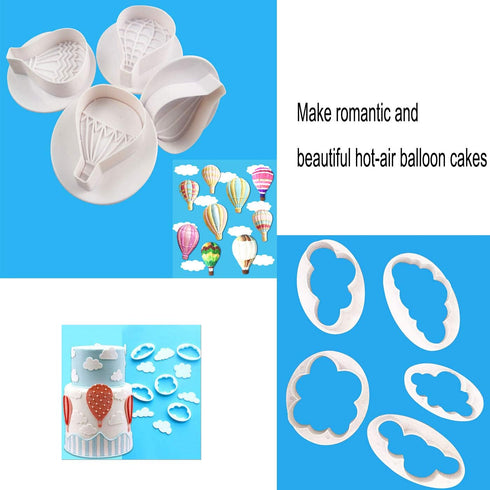 9Pcs Balloons and Cloud Cake Decoration Fondant Mold Set, Hot Air Balloon Cookie Cutters for Baking Pastry