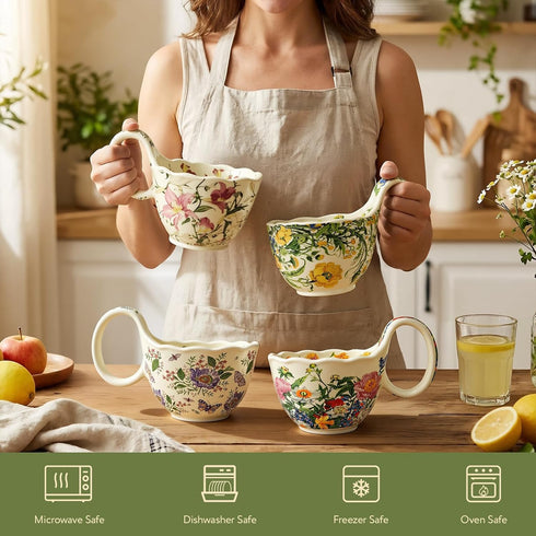 Date Night Challenge 8) Handmade Ceramic Soup Bowls with Handles - Microwave & Dishwasher Safe, Easy-Grip Design