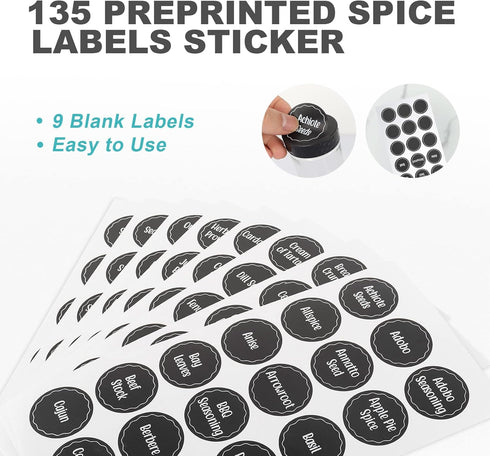 Black Countertop Rotating Spice Rack, Empty 20-Jars Revolving Organizer, 135 Spice Labels with Funnel Complete Set