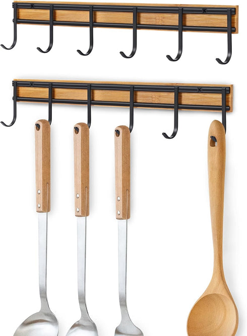 Kitchen Utensil Rack - Wall Mounted Accessory Hanger with 6 Hooks, Pack of 2 for Kitchen, Bathroom & Bedroom