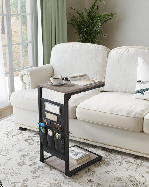 Vovonusy ET-P-GY1 Wood Pedestal Small TV Trays for Eating, C Shaped End Table Storage Bag, Sofa Side Table for Couch