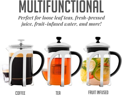 OVENTE 2-in-1 Coffee Press and Tea Maker with High Grade Stainless Steel Retractable Infuser, Heat Tempered Borosilicate Glass and Silicone Handle, 27 Ounce with Free Measuring Scoop, Clear FGC27T by OVENTE
