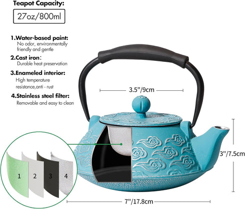 27oz, 800ml Cast Iron Teapot, Japanese Tea Pot with Infuser for Loose Leaf, Tea Kettle Stovetop Safe Coated