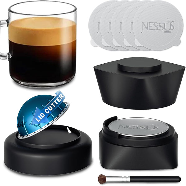 NESSUS Refill Kit for Reusable Nespresso Vertuo Pods, 50PCS Aluminum Foil Lids, Lid Quick Opener, Holder and Brush