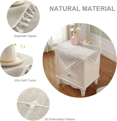 24 24 Inch Square Small Bedside Tablecloth Cotton Linen Light Brown Lattice Dust-Proof Washable Table Cover Boho