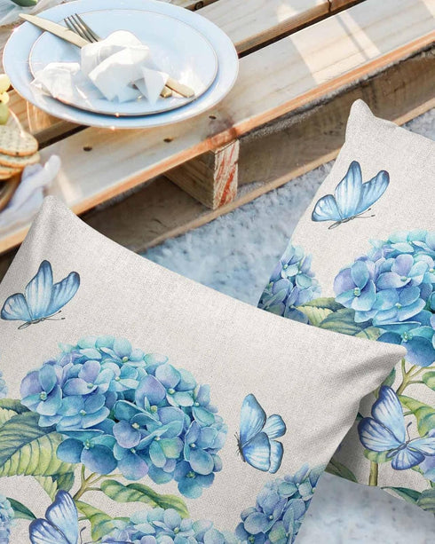 Farm Outdoor Pillow Covers Set of 2,Blue Hydrangea Flower Butterfly Decorative Waterproof Throw Pillow Case Watercolor Floral Vintage Linen Cotton Linen Soft Cozy Cushion Pillowcases 16x16In by LOVE HOME DAY