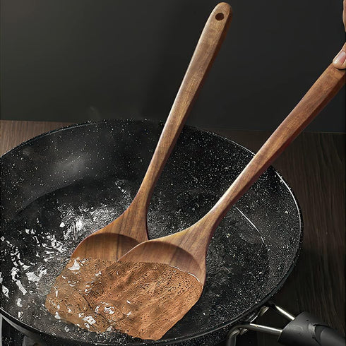 Wooden Spatula, 15.3 Inch Flat Wood Wok Spatula, Handmade Kitchen Utensils for Nonstick Cookware