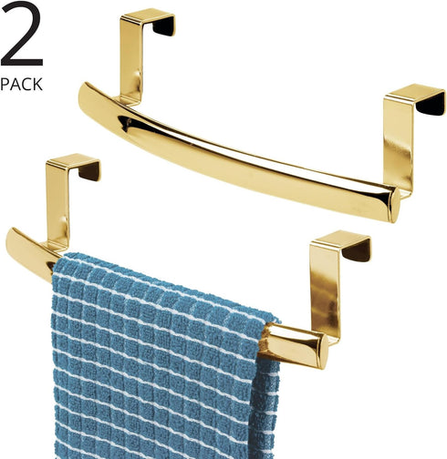 mDesign Steel Over Door Curved Towel Bar Storage, Hanger for Cabinet or Cupboard, Holder Rack for Kitchen, Bathroom - Holds Hand/Dish Towels, Washcloths - Spira Collection - 2 Pack - Soft Brass by mDesign