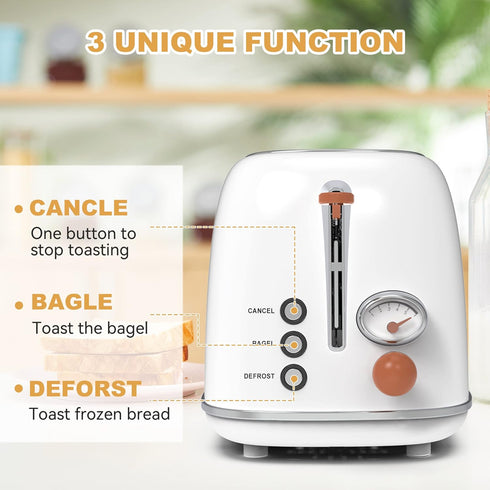 Retro Stainless Steel 2 Slice Toaster with 6 Settings, 1.5 In Extra Wide Slots, Bagel/Defrost/Cancel Function