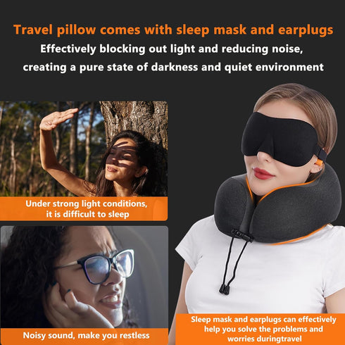 MLVOC Travel Pillow - 100% Pure Memory Foam Neck Pillow with Eye Masks, Earplugs, and Luxury Bag