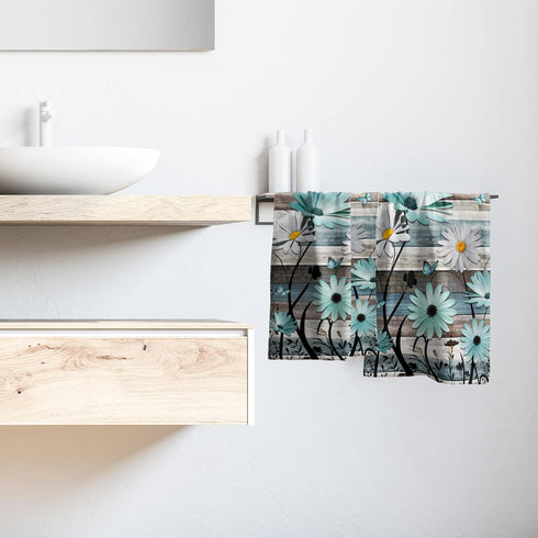 Set 2 Giwawa Daisy Floral Hand Towels Rustic Wood Face Tea Towels of Absorbent Soft Microfiber Dish Wash Cloth
