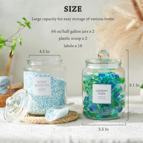 Half Gallon Glass Jars, Large Airtight Containers with Scoop and Labels for Laundry, Kitchen, and Pantry Storage, Set