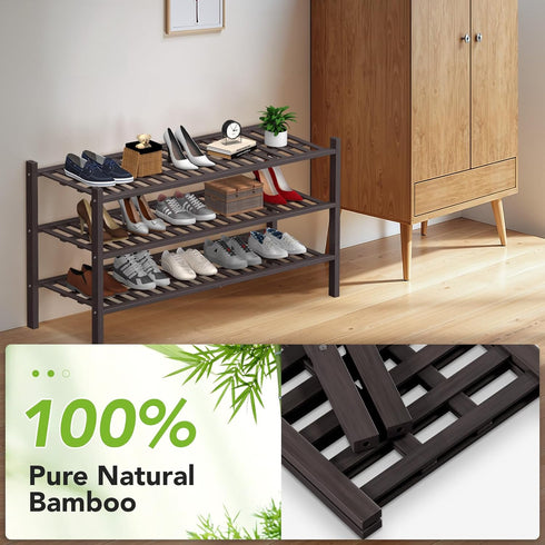 3 Closet,Hallway,Entryway,Small 34.2"x11"x20" Haddockway Long Tier Bamboo Shoe Rack Storage Organizer,Multifunctional