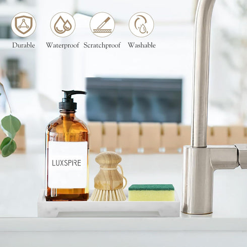 Luxspire Bathroom Tray for Counter, Resin Bathroom Vanity Tray, Marble Tray with Feet, 11" x 4" Kitchen Soap Tray, Marble Tray for Soap Dispenser Perfume, Toilet Tank Tray, Small, White Marble by Luxspire