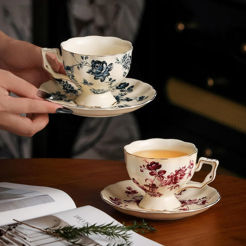 KAMMAK Set 2, 6.8-Ounce Tea Cups and Saucers of Porcelain Coffee Cups, Stackable Espresso Mugs, Ceramic Demitasse