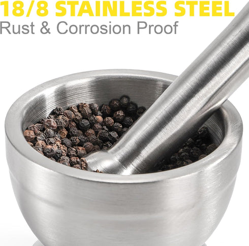 Sets 18/8 Bekith Mortar and Pestle Brushed Stainless Steel Spice Grinder Pill Crusher Molcajete Herb Bowl