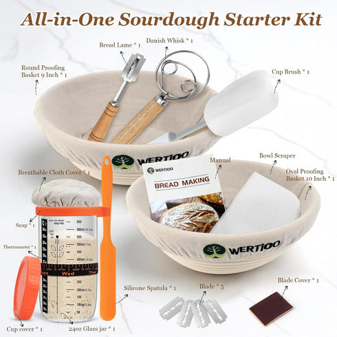 2 9 Inch 24 Oz Sourdough Bread Baking Supplies, Sourdough Starter Kit, Round Banneton Bread Proofing Basket with Glass