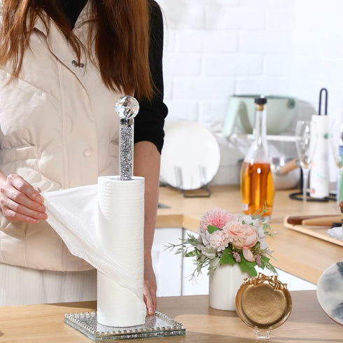 13 Inch Silver Crystal Standing Paper Towel Roll Holder, Square Base Standing Paper Towel Stand with Sparkly Crystal