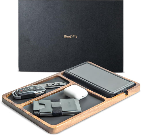 Evaded Premium Acacia Wood and Leather Valet Tray for Men; Night Stand Vanity