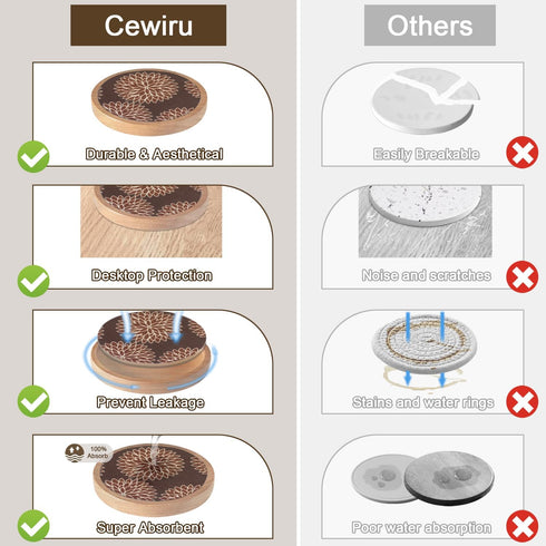 Cewiru Set 6 4.3" Wood Coasters of with Holder, Cup Mat for Drinks, Absorbent Coasters with Felt Insert for Coffee