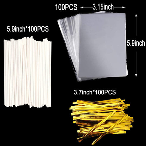 300PCS Lollipop Cake Pop Treat Bag Set with 100pcs Parcel Bags, Treat Sticks, Gold Metallic Twist Ties for Candies