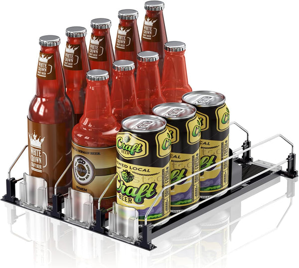 JUNMEI 12oz 16oz 20oz Drink Organizer for Fridge, Adjustable Width Soda Can Dispenser, 15" D, Black, 3 Rows