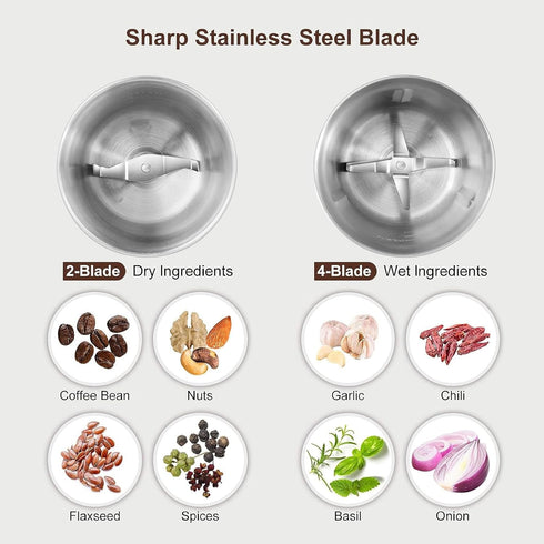 Secura Electric Coffee Grinder and Spice Grinder with 2 Stainless Steel Blades and Removable Bowls